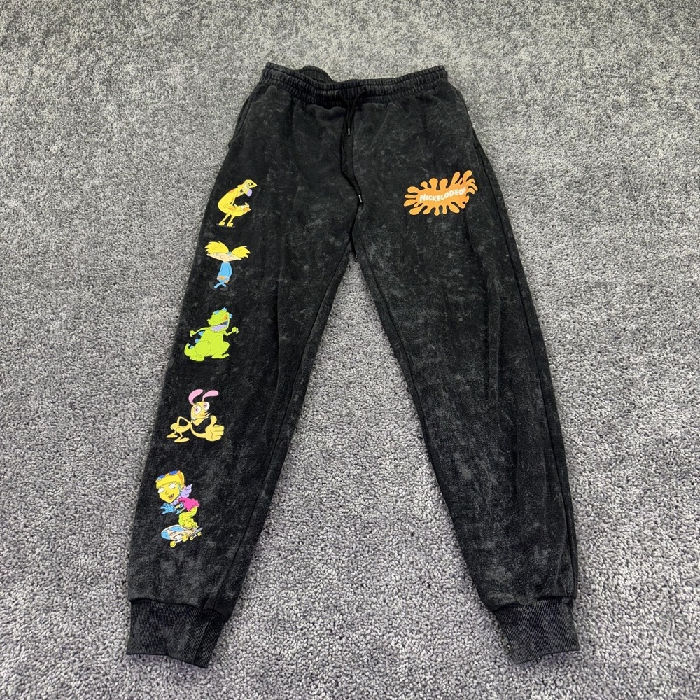 Nickelodeon Jogger Pants Mens Small Black Cartoon Fleece Elastic Cuffed